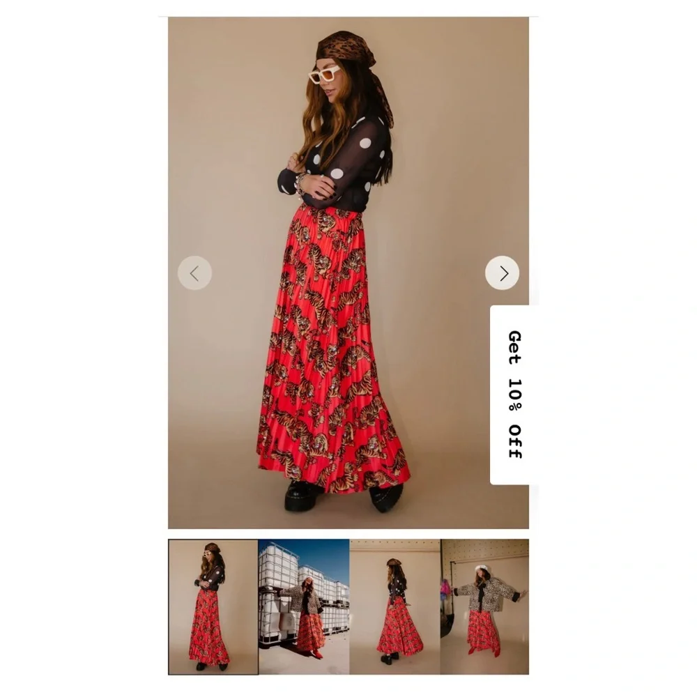 NWOT! Dressed in LALA Don't Let Them Tame You Pleated Midi Skirt, Tiger, Red, L - Picture 6 of 9